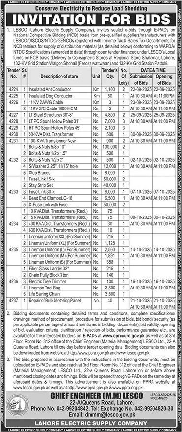 Lahore Electric Supply Company Lahore Tender Notice
